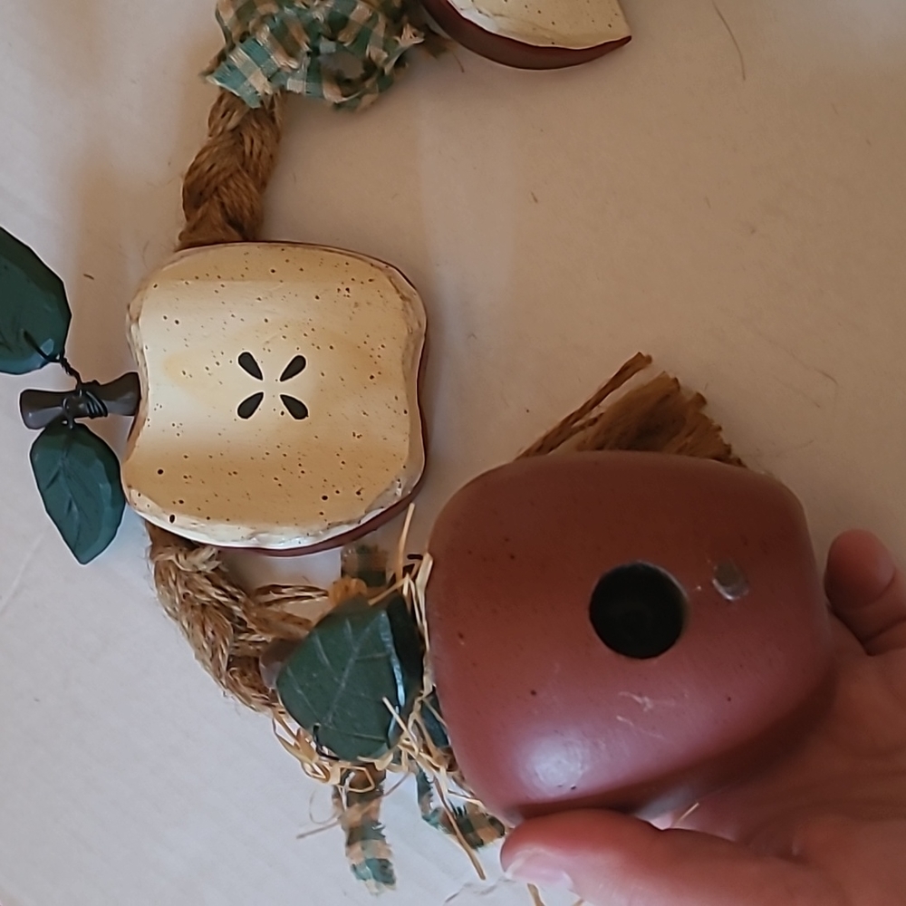 Set of 2 Wooden Apple decorations braided rope design and birdhouse collection